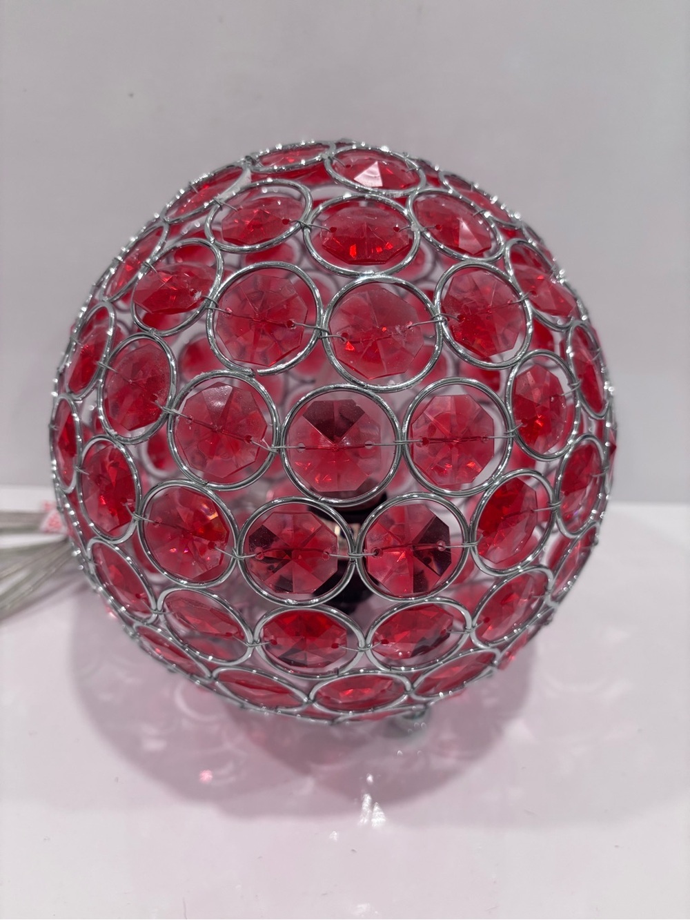Red Crystal Beaded Sphere Accent Lamp / Candle Holder – Metal Wire Orb Decor
